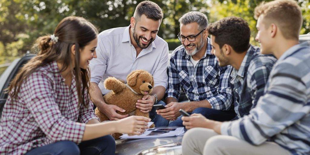 Family discussing car insurance policy outdoors.