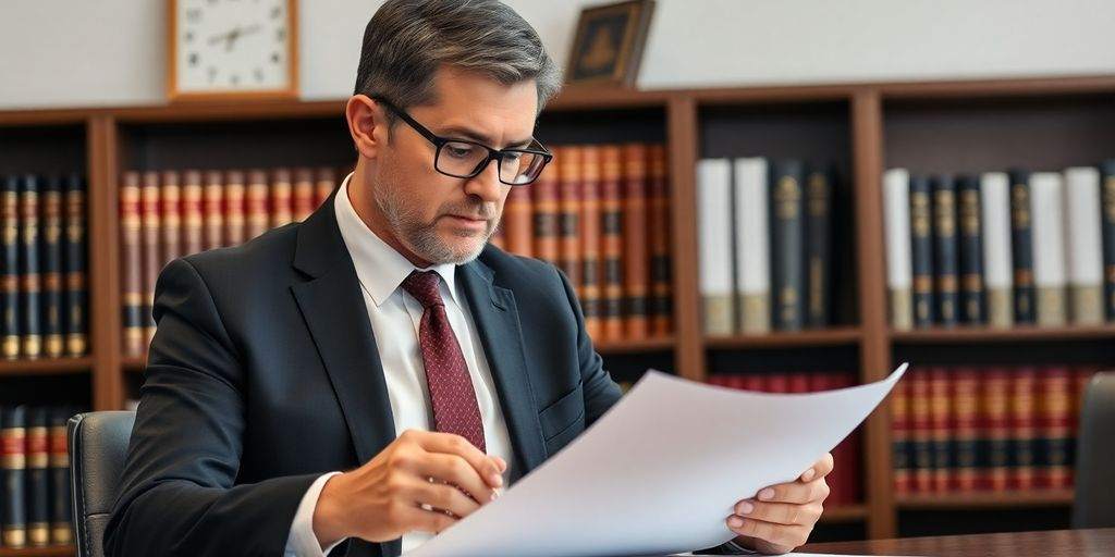 Attorney reviewing legal documents in an office setting.