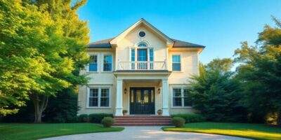 Charming two-story house with trees and green lawn.