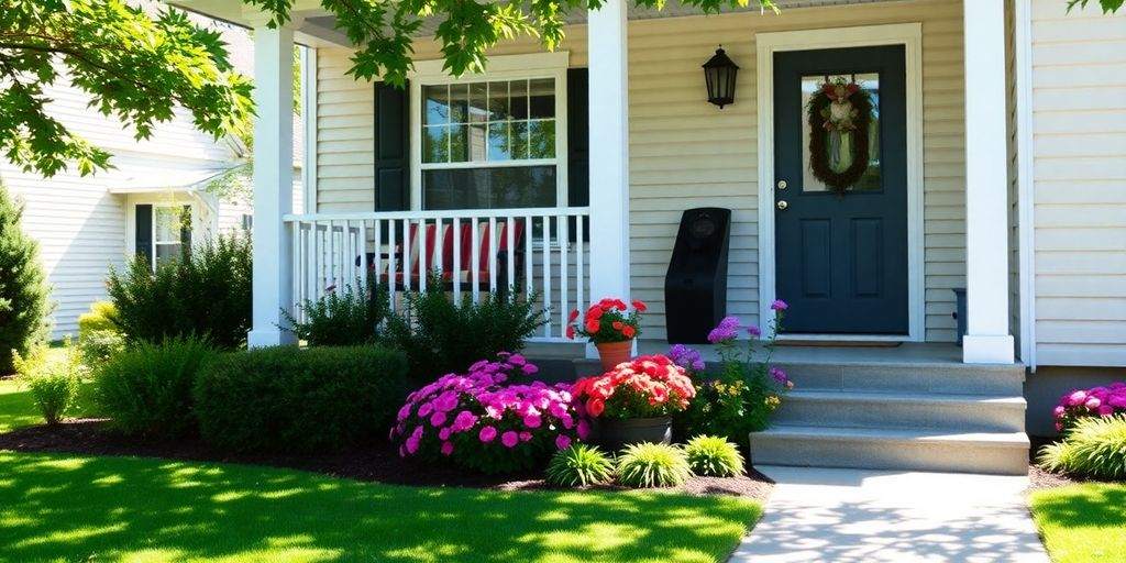 A charming home with a green lawn and flowers.