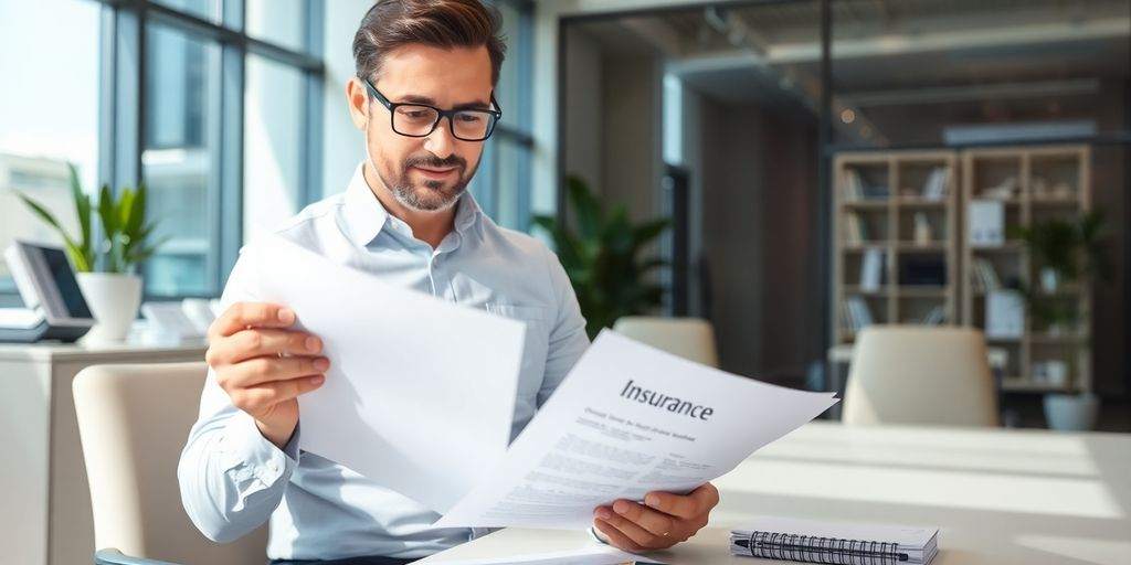 Business owner examining insurance papers in an office.