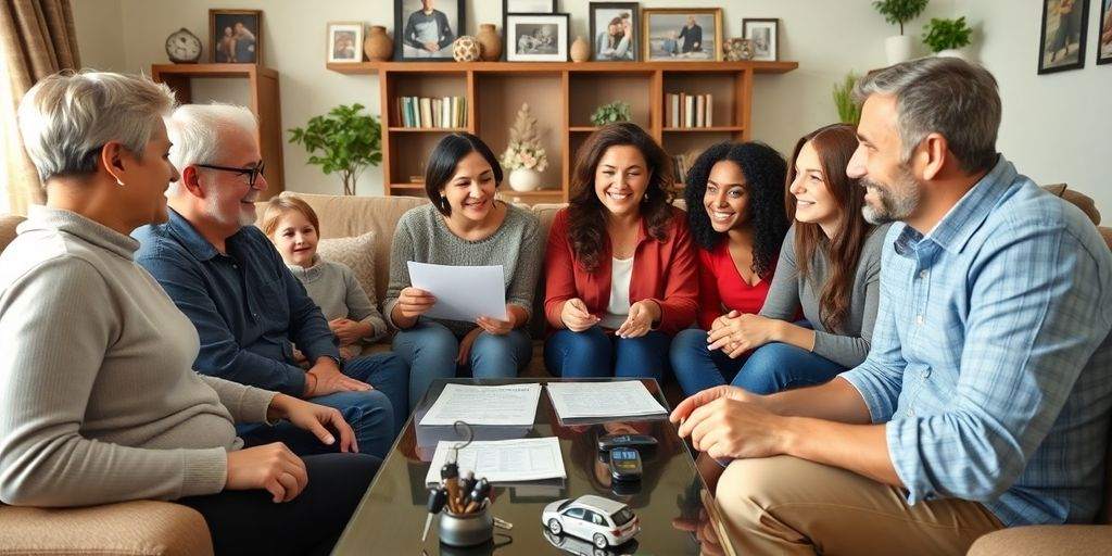 Group discussing car insurance in a cozy living room.