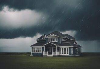 A house in a hurricane prone area, surrounded by dark clouds and strong winds. debris flies through the air as the house stands unprotected